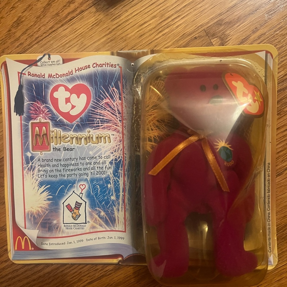 Ty Millennium Bear Plush - Deep Red with Gold Ribbon